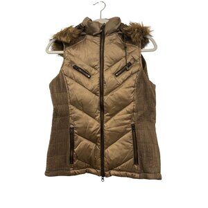 Goode Rider Womens Faux Fur-Lined Goose Down Vest Size M Brown Nylon Zippered Po